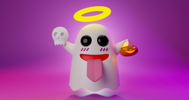 Renderowania 3D cute cartoon duch gospodarstwa latarnia czaszki i dyni.