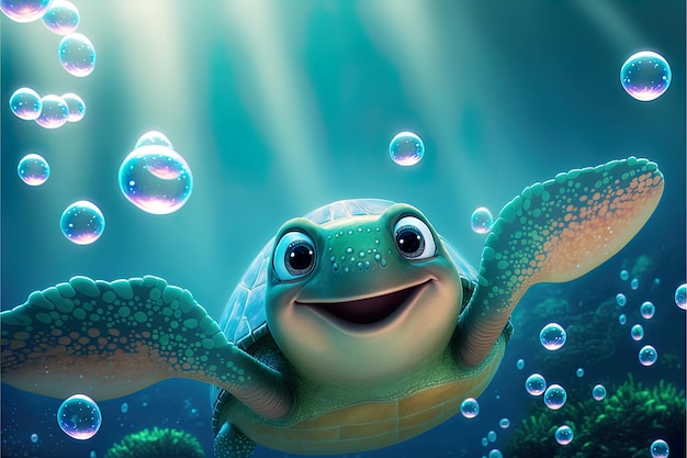 Renderowania 3D Cute Żółw uśmiecha się pod powierzchnią morza