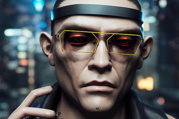 Renderowania 3D cyberpunk gangsterski mężczyzna w futurystycznych okularach