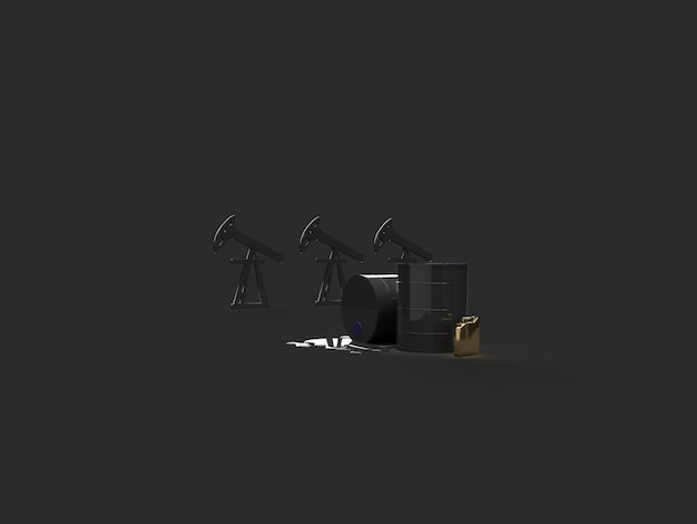 renderowania 3d Czarne beczki z olejem i złotym kanisterem z benzyną na tle oleju