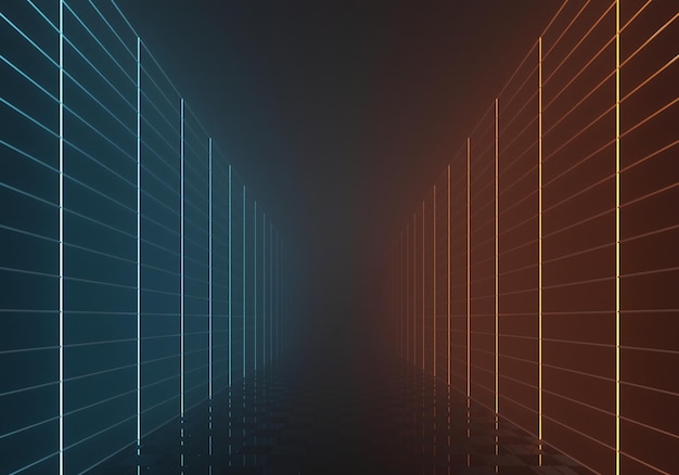 Renderowania 3D długiego futurystycznego korytarza neonowego w perspektywie. Neonowe tło