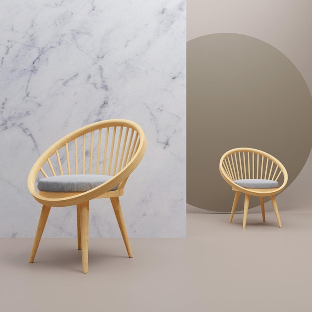 Renderowania 3D drewniane krzesło na tle białego marmuru
