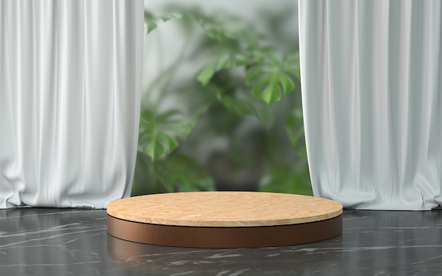 Renderowania 3D drewniane podium i roślin.