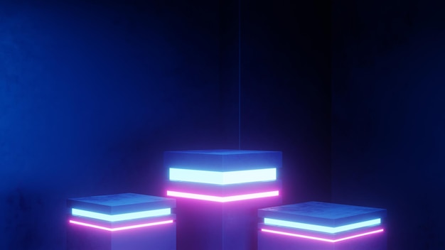 Renderowania 3D fioletowy i niebieski neon streszczenie tło geometryczne. Ilustracja Sci Fi