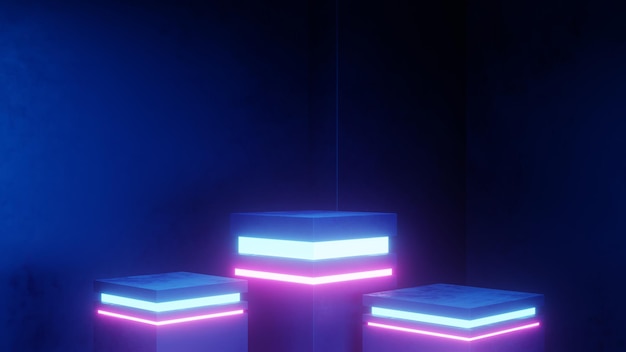 Renderowania 3d Fioletowy I Niebieski Neon Streszczenie Tło Geometryczne. Ilustracja Sci Fi