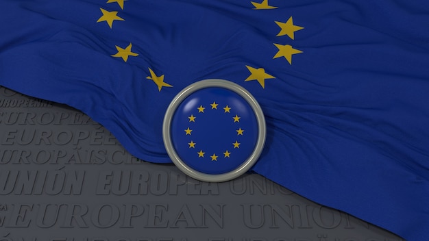 Renderowania 3D flagi narodowej Unii Europejskiej i błyszczący przycisk na niebieskim tle