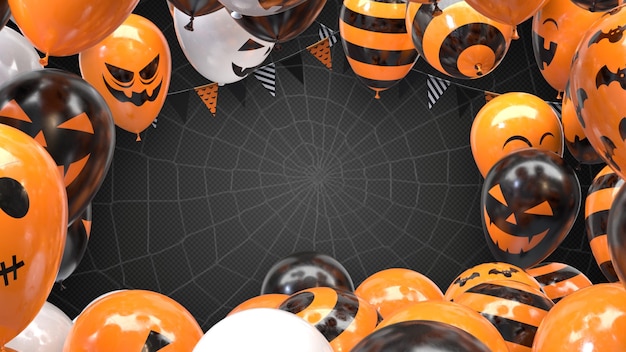 Zdjęcie renderowania 3d halloween balony i wiszące flagi na linie