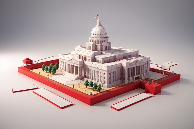 Renderowania 3D ikona budynku rządowego na obligacji tekstowej w kolorze czerwonym na białym tle koncepcja inwestycji