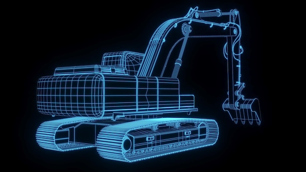 Renderowania 3D ilustracja plan koparki świecący neonowy hologram futurystyczny pokaz technologii