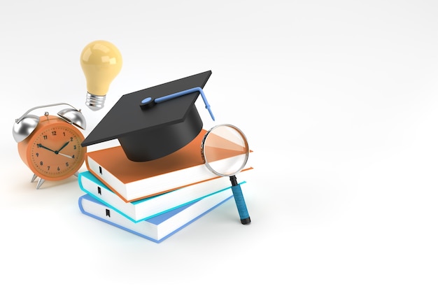 Renderowania 3D kasztana, szkło powiększające Żarówka z książkami Realistyczne kształty 3d. Koncepcja edukacji online.