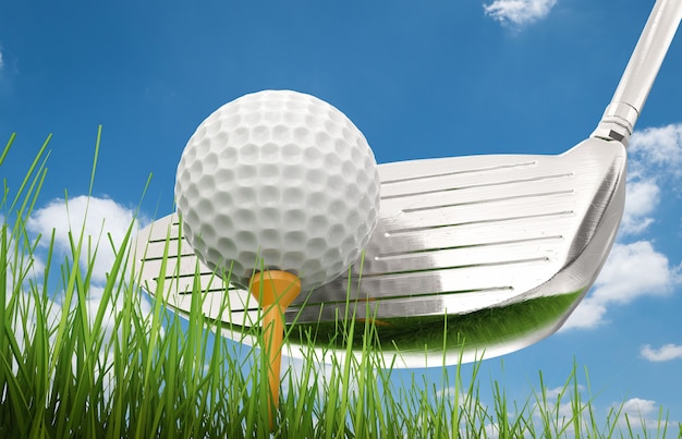 Renderowania 3d kij golfowy z piłką golfową na tee