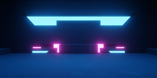 Renderowania 3D kosmicznego korytarza neon świecące niebieskie fioletowe tło. Ilustracja Sci Fi