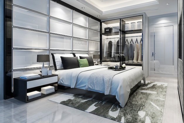 Renderowania 3D Luksusowy nowoczesny apartament sypialnia telewizor z garderobą i chodzić w szafie
