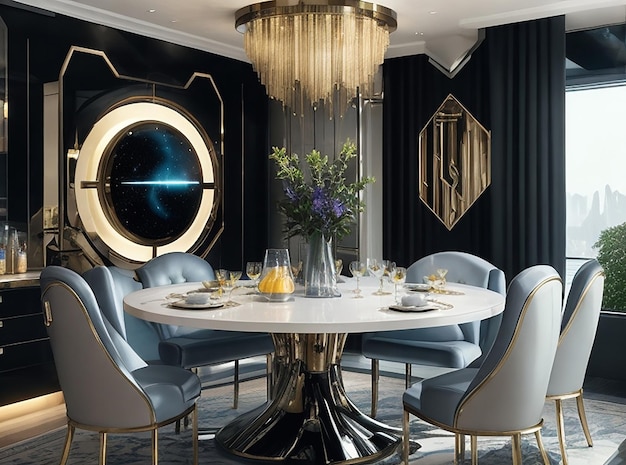 Renderowania 3D luksusowy zestaw do jadalni w nowoczesnej, luksusowej jadalni, futurystycznym pomieszczeniu oświetleniowym
