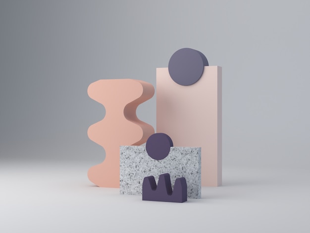 Renderowania 3D, minimalne streszczenie tło, fioletowe i pastelowe kolory. Minimalna sceneria z teksturowanymi kształtami i podium. Warstwy lastryka i zakrzywione kształty, aby pokazać produkty. Scena z formami geometrycznymi.