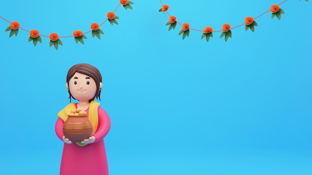 Renderowania 3D młoda dziewczyna trzyma gliniany garnek pełen indyjskiego słodkiego laddu i kwiatowej girlandy Toran ozdobionej na niebieskim tle i miejsca kopiowania