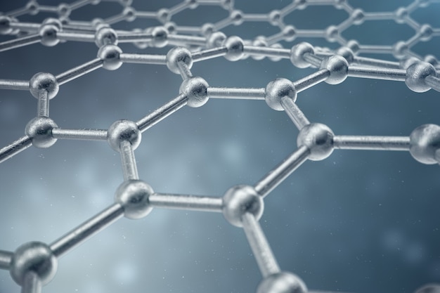 Renderowania 3D nanotechnologia abstrakcyjne formy heksagonalne geometryczne zbliżenie. Pojęcie struktury atomowej grafenu, struktura węgla.