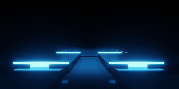 Renderowania 3D niebieski neon świecące ciemny korytarz statek kosmiczny. Ilustracja Sci Fi