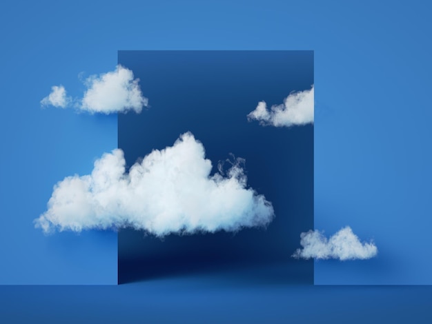 renderowania 3D niebieskie tło geometryczne z białymi chmurami Kwadratowe okno portalu w niebieskiej ścianie