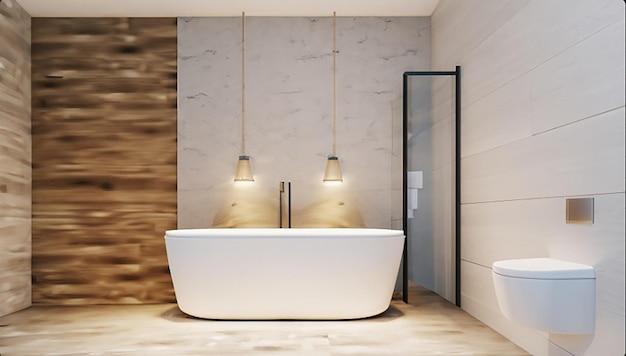 Renderowania 3d nowoczesna drewniana i kamienna biała łazienka