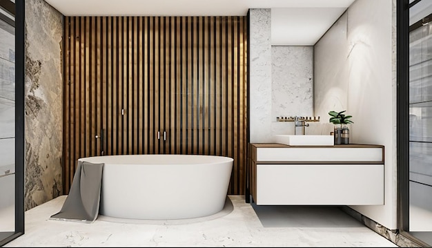 Renderowania 3d nowoczesna drewniana i kamienna biała łazienka