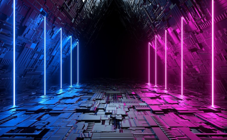 Zdjęcie renderowania 3d nowoczesna scena cyber sci fi futurystyczny statek kosmiczny trójkąt korytarz korytarz z oświetleniem neon light tech ilustracja tło