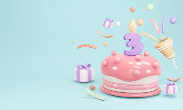 Renderowania 3D pastelowych tort urodzinowy ze świecą numer 3 z miejsca kopiowania na niebieskim tle. Ilustracja renderowania 3D.