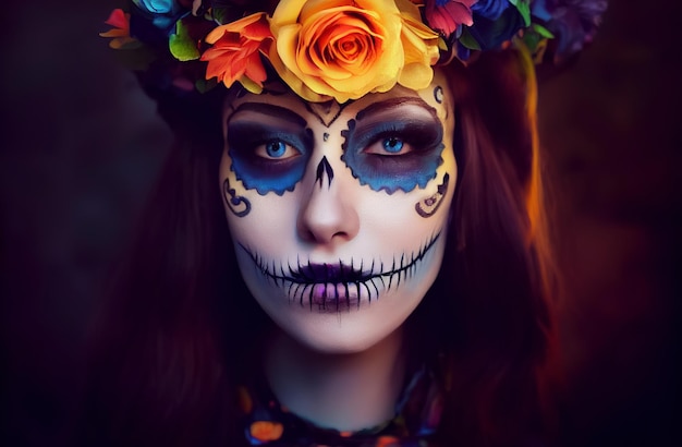 Renderowania 3d pięknej kobiety z dniem martwego makijażu na halloween
