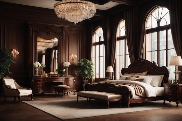 Renderowania 3D piękny luksusowy europejski klasyczny apartament z ciemnego drewna w hotelu