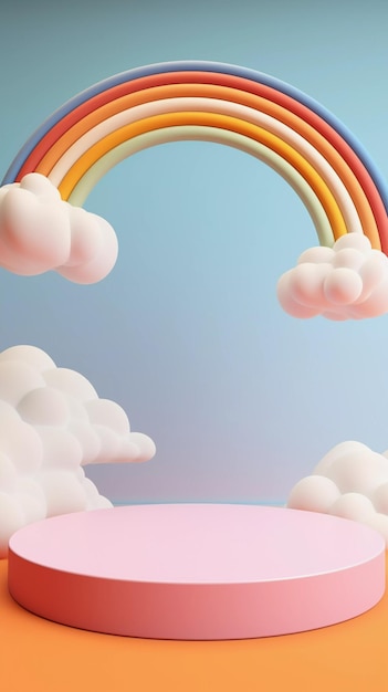 Renderowania 3D podium w stylu dziecięcym, kolorowe chmury i pogoda z pustą przestrzenią