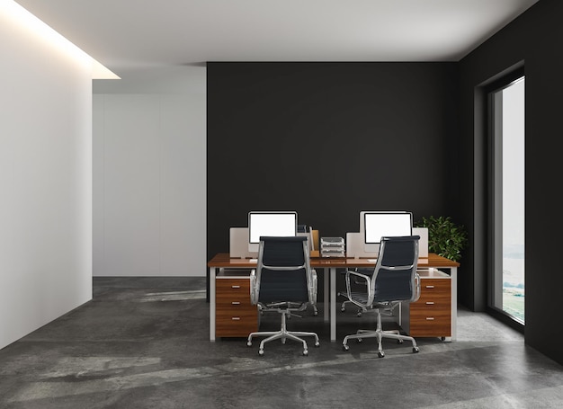 Renderowania 3D pokoju biurowego z meblami biurowymi. Białe i betonowe ściany i betonowe podłogi.