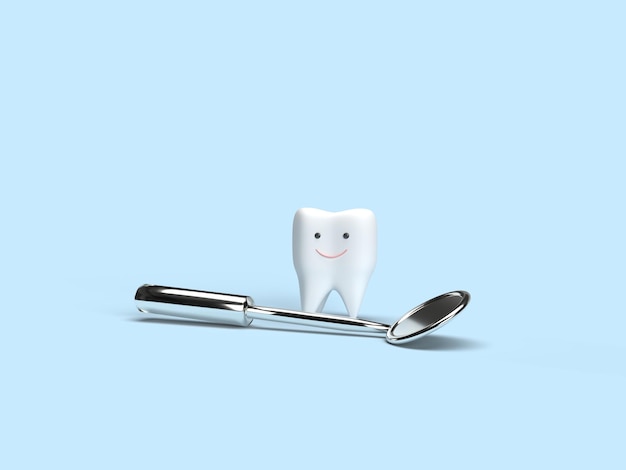renderowania 3d Postać z kreskówki ząb z niebieskim tłem narzędzia dentystycznego