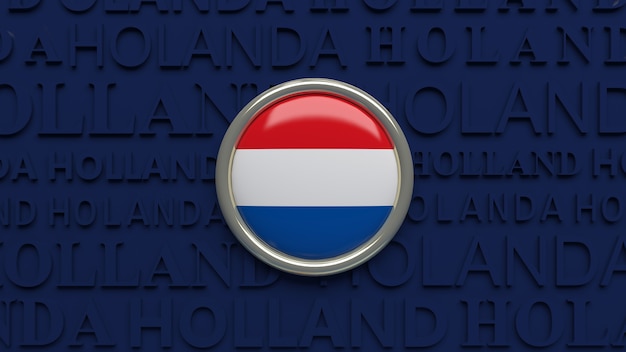 Zdjęcie renderowania 3d przycisk błyszczący flagi narodowej holandii na ciemnoniebieskim