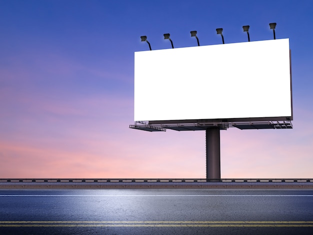 Renderowania 3d pusty billboard z ulicą na tle zmierzchu nieba