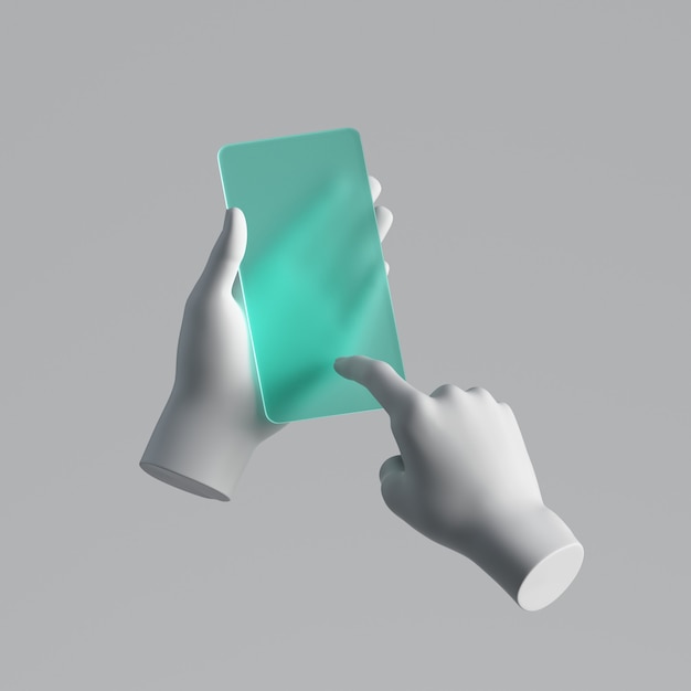 Renderowania 3D, ręce manekina trzymając inteligentny telefon z zielonego szkła mięty.
