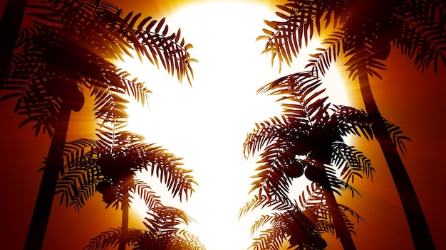 Renderowania 3d Retro Futurystyczne Tło Z Palmami Na Tle Słońca
