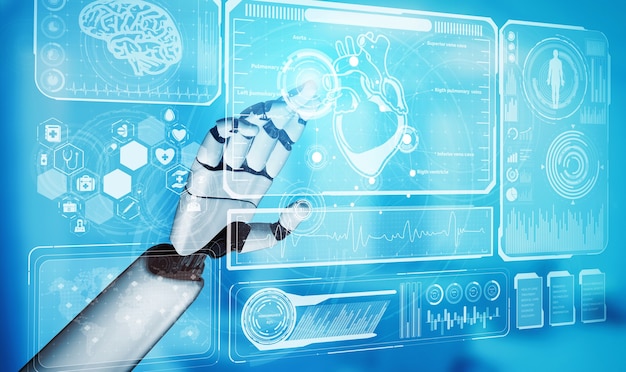 Renderowania 3D robot medyczny sztucznej inteligencji pracujący w przyszłym szpitalu