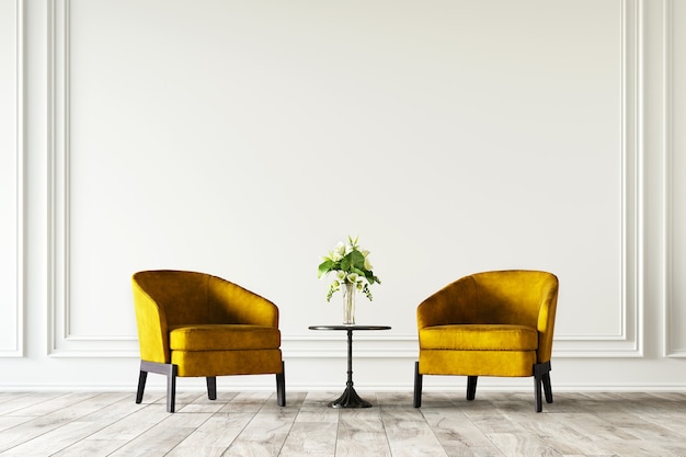 Renderowania 3D salonu z żółtym fotelem i kwiatami.
