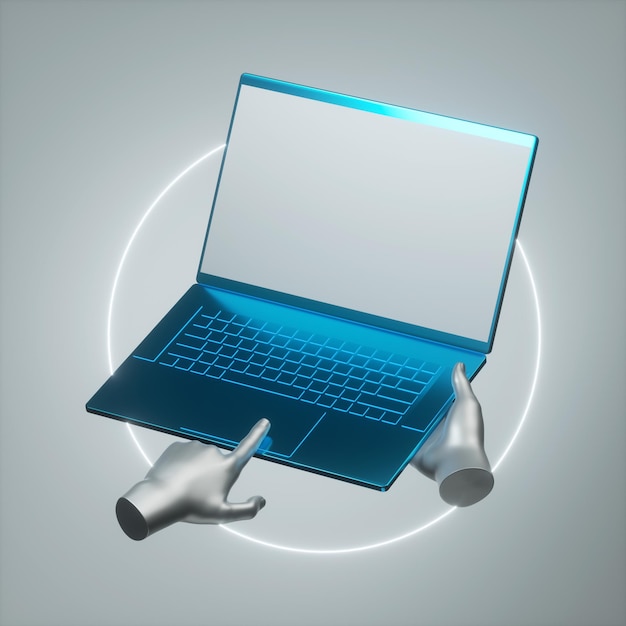 renderowania 3D srebrne ludzkie ręce trzymają niebieski metaliczny laptop notebook