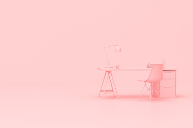 Renderowania 3D stołu biurka obszaru roboczego z akcesoriami biurowymi na różowym tle.