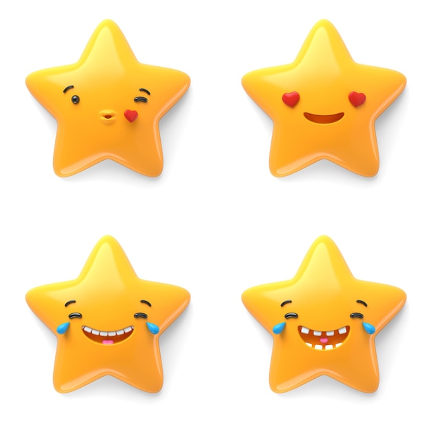 Zdjęcie renderowania 3d, ustaw abstrakty ikona emocjonalne gwiazdki, uroczy uśmiech, zakochany, pocałunek, śmiech, ryk, ilustracja postaci lol, słodkie gwiazdy kreskówek, emoji, emotikony, zabawka
