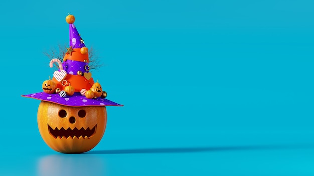 Renderowania 3d Wesołego Halloween, Głowa Dyni W Kapeluszu Na Tle Błękitnego Nieba, Widok Poziomy