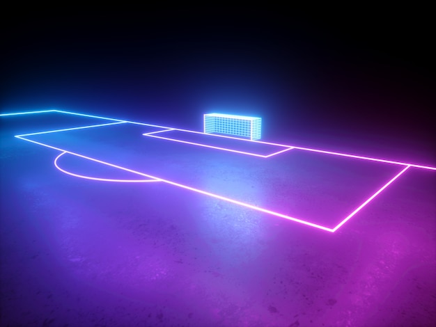 Renderowania 3d, Widok Perspektywiczny Boiska Do Piłki Nożnej Neon, Boisko Do Piłki Nożnej, Wirtualna Gra Sportowa.