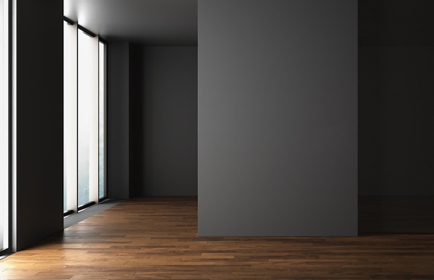 Renderowania 3D wnętrza domu bez mebli. Pusty pokój, kopia przestrzeń, widok z boku. Renderowanie 3D