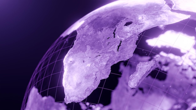 Zdjęcie renderowania 3d z afryki i managaskar mapa kuli ziemskiej technologia i futurystyczna purpurowa linia rozjarzony earth ba
