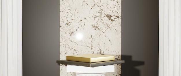 Zdjęcie renderowania 3d złote podium na greckich kolumnach do wyświetlania towarów i tła marmurowej ściany. makieta produktu pokazowego.