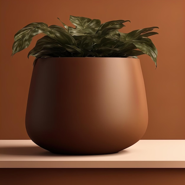 Renderowanie 3 d pusty brązowy ceramiczny wazon z wazonem na rośliny doniczka na brązowej ścianie minimalistyczny styl int