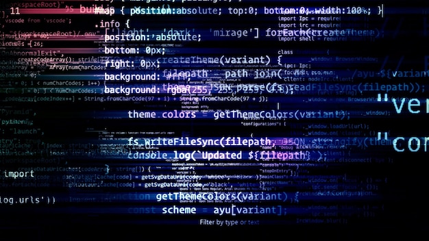 Zdjęcie renderowanie 3d abstrakcyjne bloki kodu znajdujące się w przestrzeni wirtualnej. kamera wewnątrz kodu komputerowego