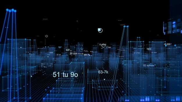 Renderowanie 3D abstrakcyjne technologiczne cyfrowe miasto z danych w cyberprzestrzeni, przechowywanie informacji w przestrzeni informacyjnej