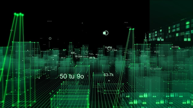 Renderowanie 3D abstrakcyjne technologiczne cyfrowe miasto z danych w cyberprzestrzeni, przechowywanie informacji w przestrzeni informacyjnej